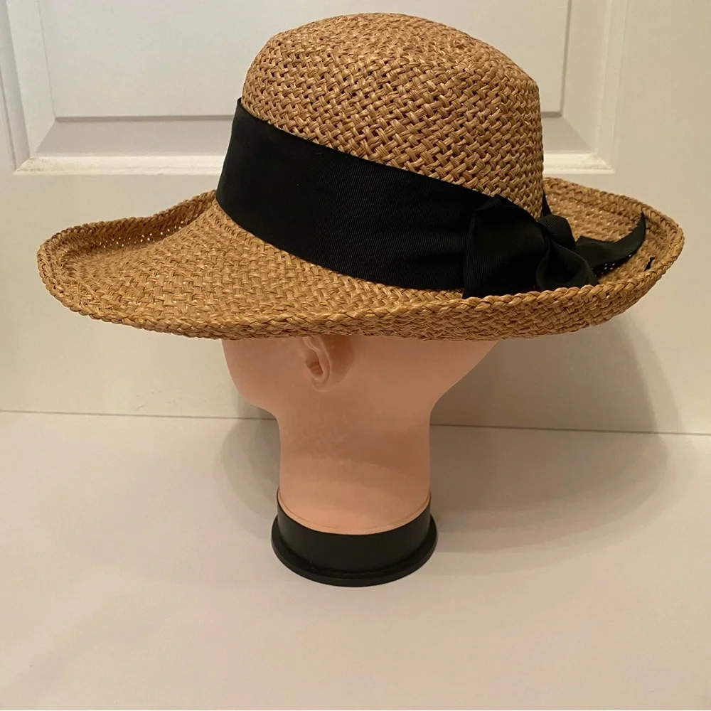 NEW YORK HAT & CAP CO HAT TAN STRAW BLACK GROSGRAIN RIBBON BOW WIDE BRIM USA
